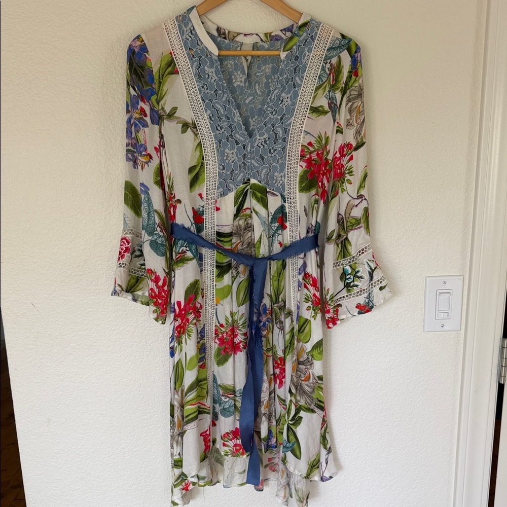 Aratta Silent Journey Floral Lace-Trim Blue & White Women’s Dress medium